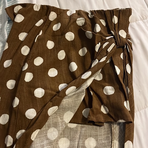 Brown Linen Knotted Asymmetrical Design High-rise Polka Dot Midi Skirt Size S - Picture 2 of 3